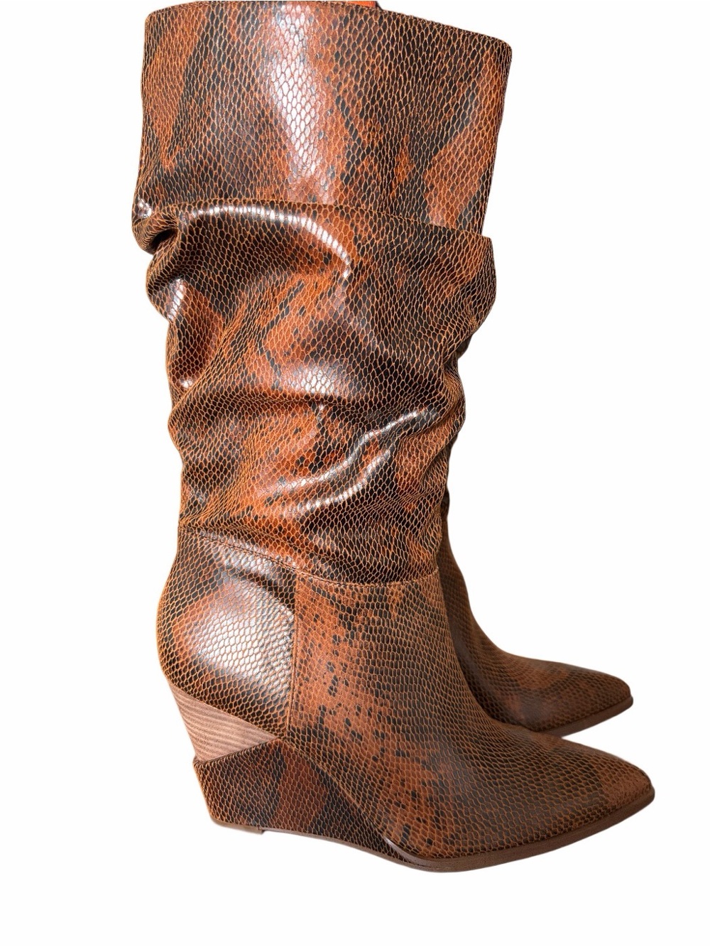 Jessica Simpson Helveta Slouchy Pointed-Toe Wedge Boots Brown Cognac Print 11